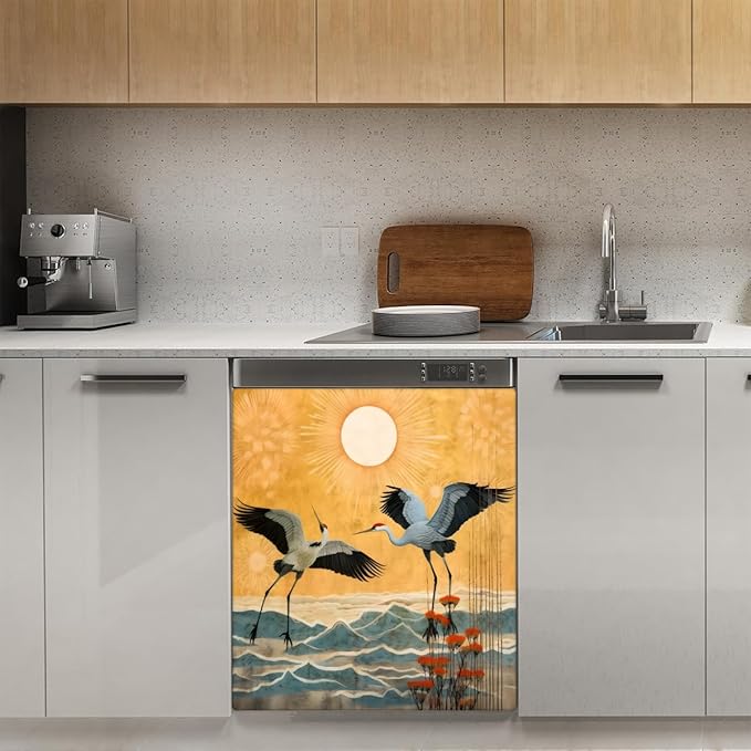 Crane Japan Pattern Dishwasher Magnet Cover for Door Front, Dishwasher Panel Decal Reuseable Refrigerator Magnet Cover Decal Fridge Stickers Home Decor, 23 x 26 Inch