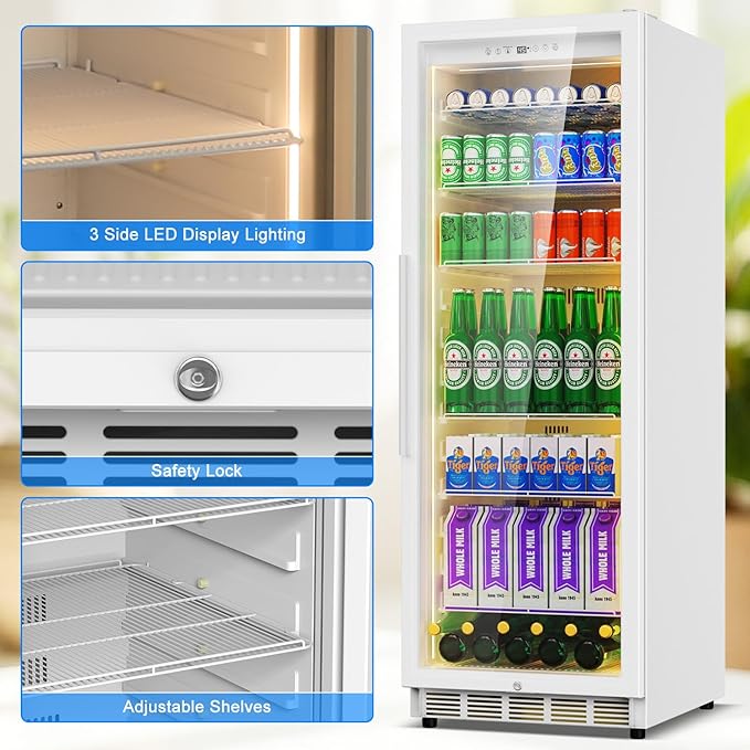 Commercial Display Beverage Fridge: 13.8 Cu Ft Upright Cooler with Glass Door, LED Lighting, Low Noise, and Rapid Cooling for Restaurants, Shops, and Offices (White)