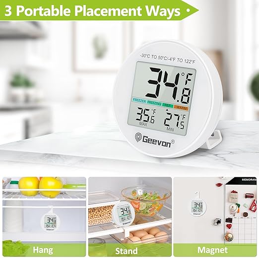 Geevon Small Digital Refrigerator Thermometer 3 Pack, IP65 Waterproof Commercial and Home Use, Max/Min Record Function with LCD Screen, Stand and Magnetic Back, for Fridge, Freezer Scenarios