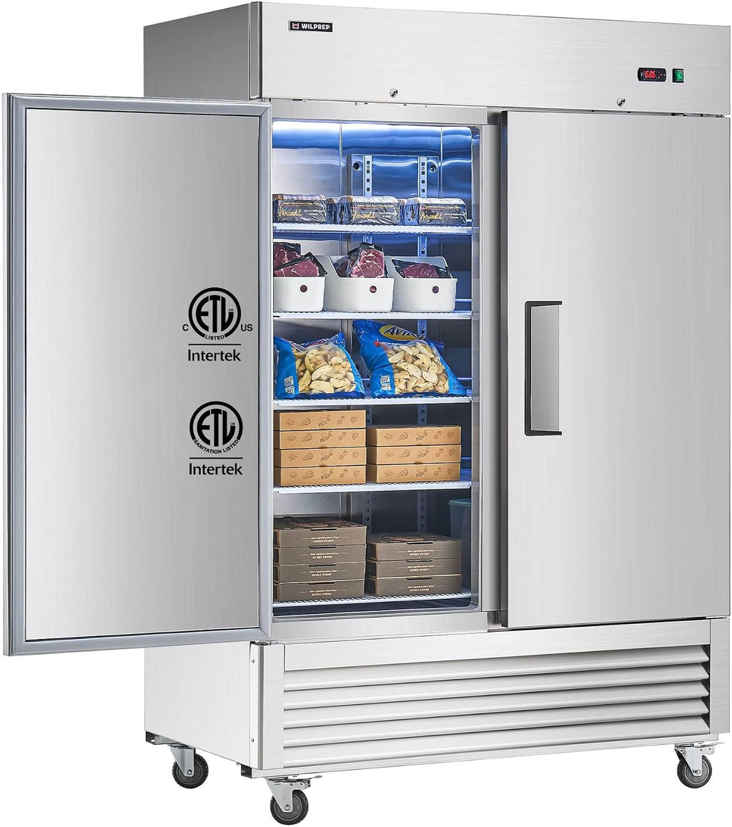 Commercial Freezer ETL-Listed, 54" 2 Solid Door 2 Section Freezer with 42.2 cu. ft. Capacity, Stainless Steel Reach in Freezer with Air Cooling