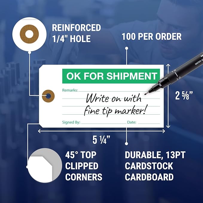 Tags 4 Less Production Quality Control Hang Tags – Equipment Preventative Maintenance Labels, for Easy Record-Keeping for Inventory Status (Ok for Shipment, Pack of 100)
