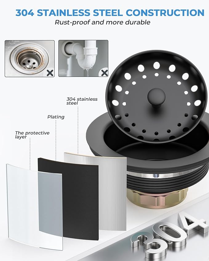 3-1/2 Inch Kitchen Sink Drain with Strainer Stopper Drain Assembly Removable Basket Strainer Plug fit Standard Sink Drain Hole, Stainless Steel (Matte Black)