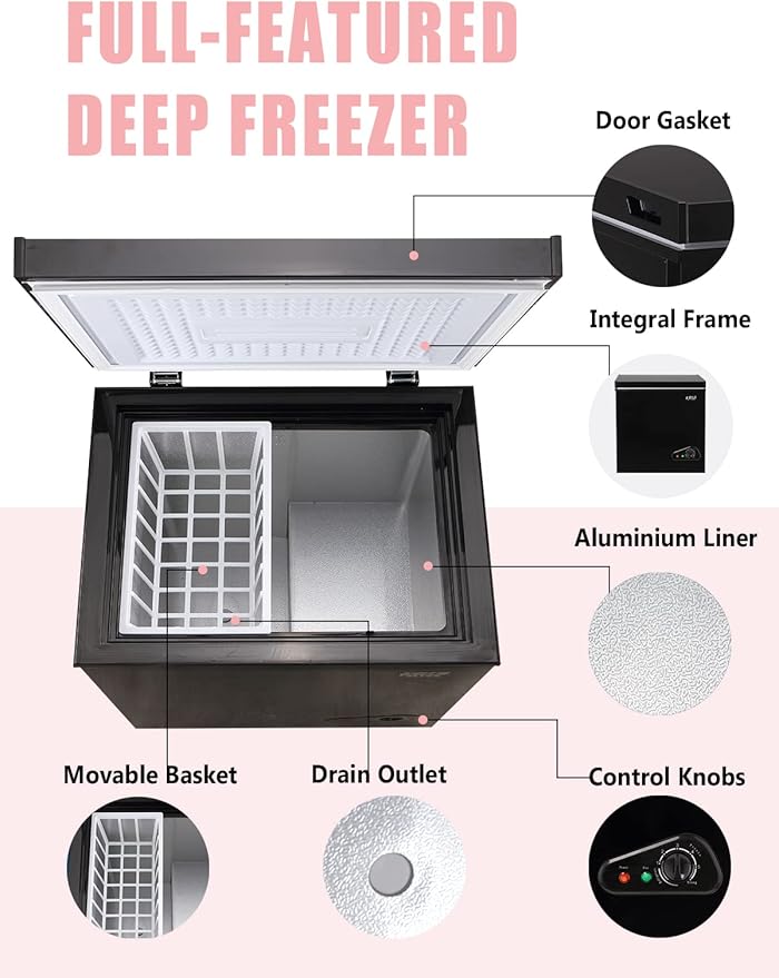 5.0 Cu.Ft Chest Freezer with 7 Gears Temperature Control(-16°F to -48°F), Deep Compact Freezer with a Removable Basket, for House, Kitchen, Garage, Basement, Shop, Black