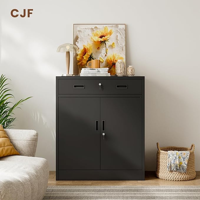 CJF Metal Storage Cabinet, Locking Storage Cabinet with Doors and 1 Drawer, 36" H x 28" W x 16" D Metal Cabinets for Office/Home/Garage -Black