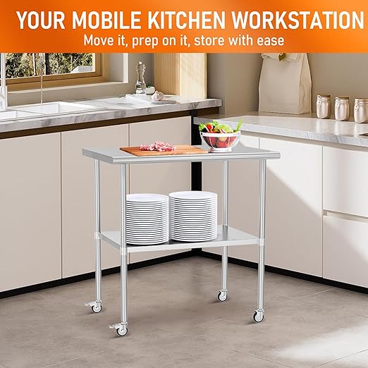 Stainless Steel Table with Wheels 30" x 36" Utility Worktable with Adjustable Undershelf for Commercial Kitchen, Garage, Restaurant