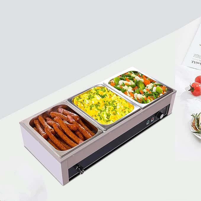 Electric Buffet Steam Table Food Warmer, 1500W 3-Pan Commercial Bain Marie Buffet Warmer, 21Qt Countertop Steam Food Warmer Server, 86℉-230℉Temp Control, for Party Catering Restaurant