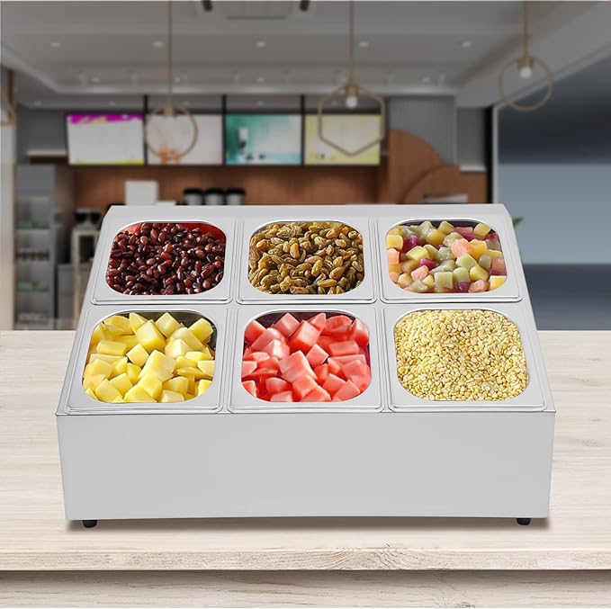 Pizza Topping Station Organizer Condiment Container Dispenser with 6 1/6 Pans& Lids, Stainless Steel Seasoning Food Containers Spice Rack Shelf Holder for Ingredients Sauce Salad Jam Fruits