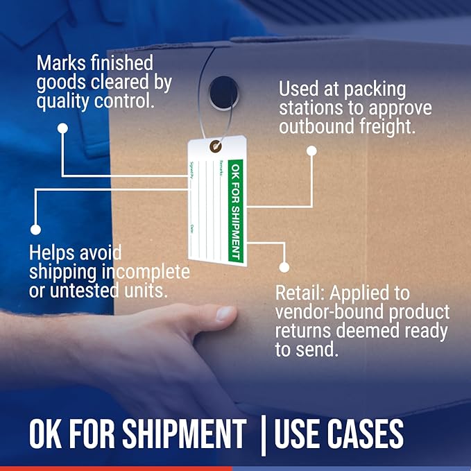 Tags 4 Less Production Quality Control Hang Tags – Equipment Preventative Maintenance Labels, for Easy Record-Keeping for Inventory Status (Ok for Shipment, Pack of 100)
