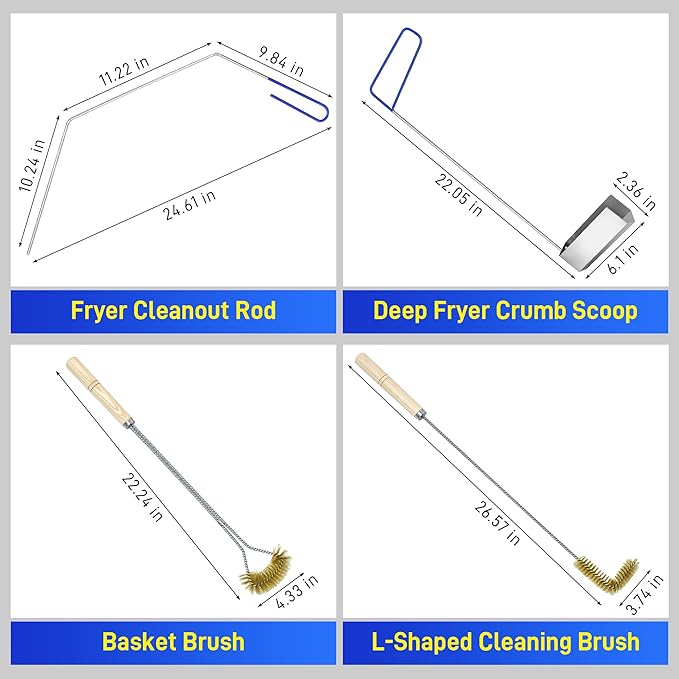 4 Pieces Fryer Cleaning Tool Sets, High Temp Deep Fryer Cleaner Kits Including Stainless Steel Crumb Scoop, L-Shape Fryer Cleaning Brush, Long Handle Basket Brush & Cleanout Rod for Commercial Kitchen