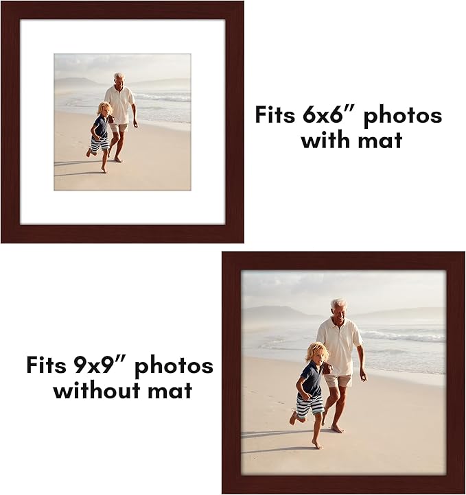 Americanflat 9x9 Picture Frame with Polished Plexiglass - Set of 5 - Use as 6x6 Frame with Mat or Display 9x9 Photo Without Mat - Galleria Collection - Square Frames for Tabletop and Wall - Mahogany