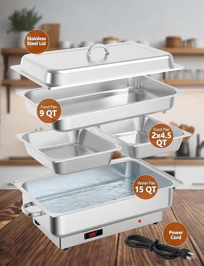 2 PACK Electric Chafing Dish Buffet Set 9 QT Buffet Food Servers and Warmers Digital Display Temperature with 1 Full-size Pan & 2 Half-size Pan Stainless Steel for Parties Weddings Caterings