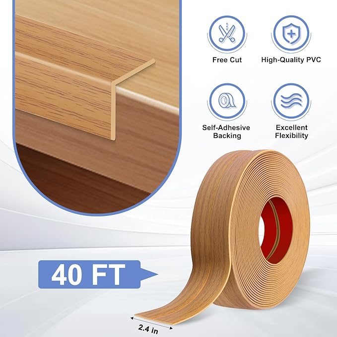 Wall Corner Protector Moulding Trim Peel and Stick Wall Corner Guards Trim Flexible Self Adhesive Edge Protector Moulding, 2.4 in x40 Ft, Light Brown Wood
