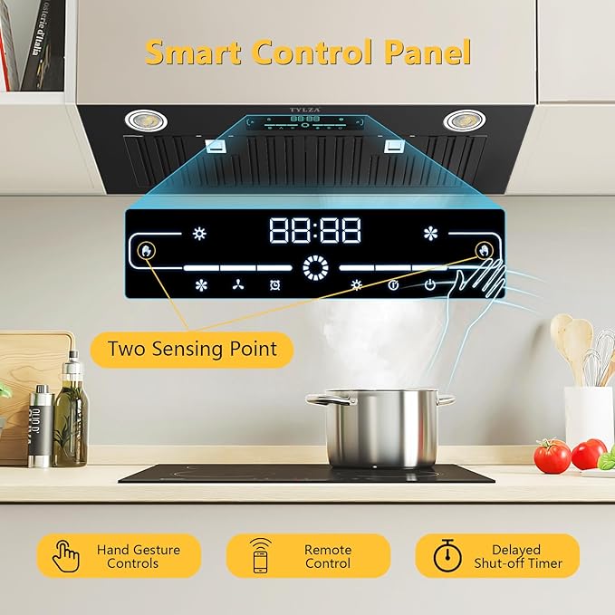 Range Hood Insert 30 Inch, KMB02-30 900 CFM Built-in Range Hood, Stainless Steel Kitchen Vent Hood with 4-Speed,Ducted/Ductless Hood Range with Bright LED Lights, Smart Control Panel, Black
