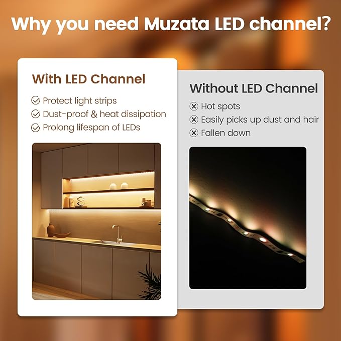 Muzata 10Pack 6.6FT/2M V Shape LED Channel Black Aluminum LED Strip Diffuser Channel with Milky White Cover Corner Lighting Easy Installation V1SW BW 2M