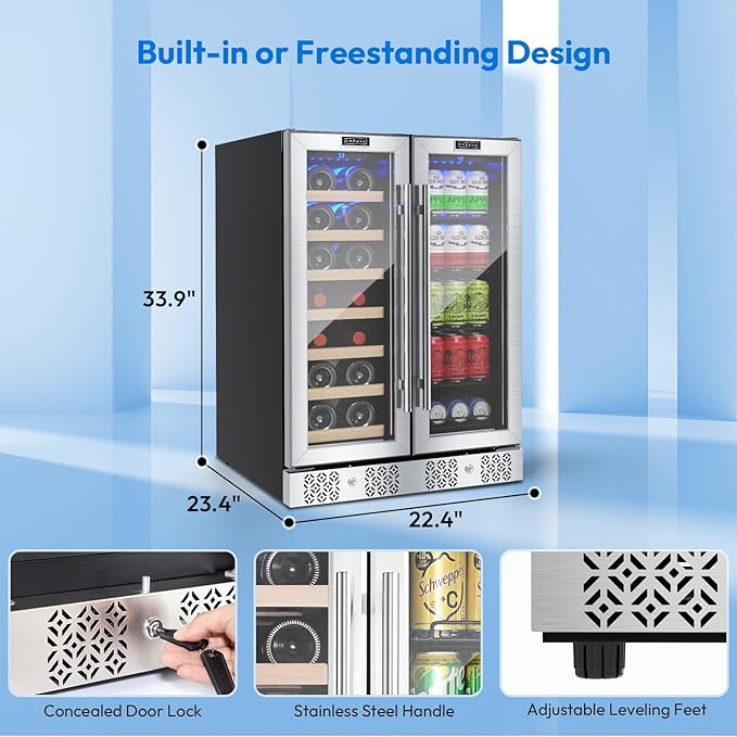 Empava Wine and Beverage Refrigerator, 24 inch Dual Zone Wine and Beverage Cooler 78 Cans and 20 Bottles Capacity, Built-in or Freestanding Wine Fridge with Glass Doors and LED Light