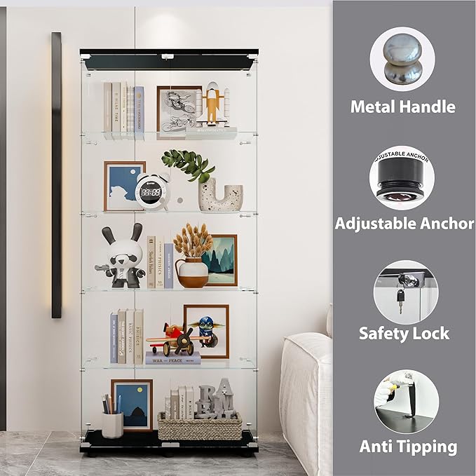 74" H 5-Shelf Glass Display Cabinet with Double Door, Modern Curio Cabinet Collection Display Case, Floor Standing Bookshelf Glass Case with Lock for Living Room,Home Office (Black)