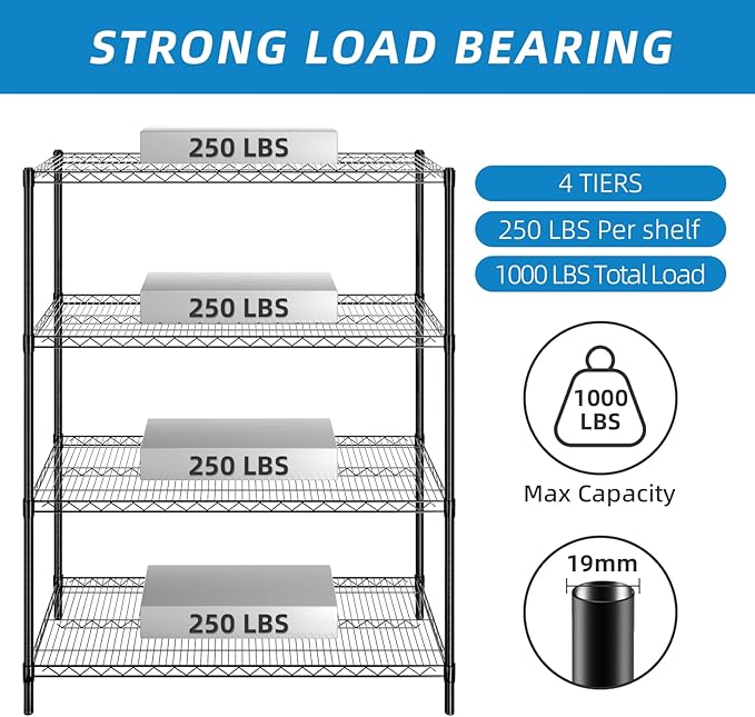 4-Shelf Adjustable Metal Shelf Wire Shelving Unit Heavy Duty Storage Rack Display Shelf for Office,Kitchen,Bedroom,Bathroom,Laundry,Pantry Basement,Garage(Black,48" L x 18" W x 62" H)