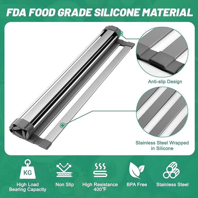 19" X 13" Roll Up Dish Drying Rack，Over The Sink Drying Rack 304 Stainless Steel Foldable Heat-Resistant Dishes Drainer for Kitchen and RV Sink Counter