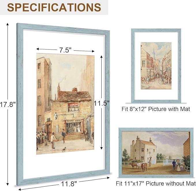 Vittanly 11x17 Picture Frame, Solid Wood Frame with Plexiglass, Includes 8x12 Mat, Wall Hanging for Photos, Home Decor, Rustic Blue, 1 Pack