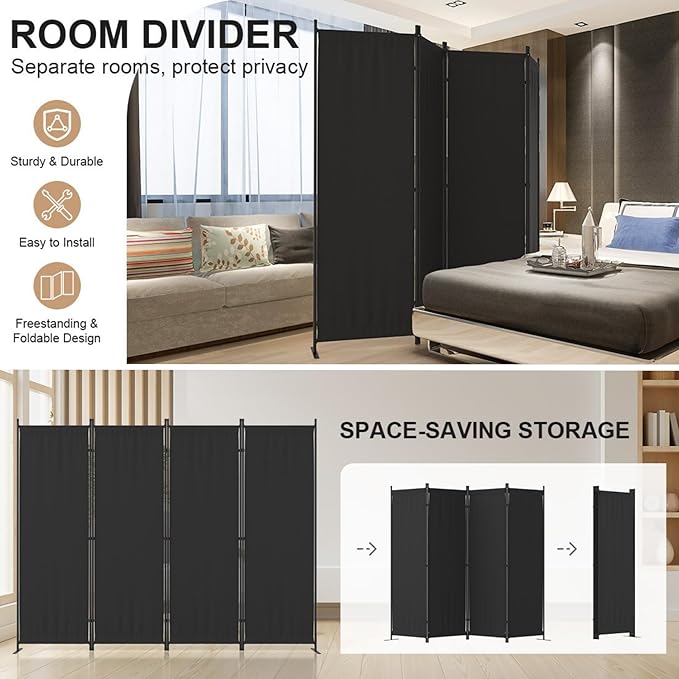 Room Divider 4 Panel Partition Room Dividers & Folding Privacy Screens w/ 3 Metal Feet 6FT Portable Wall Doubles as a Dressing Screen Portable Wall for Office Kitchen Children's Room,Black