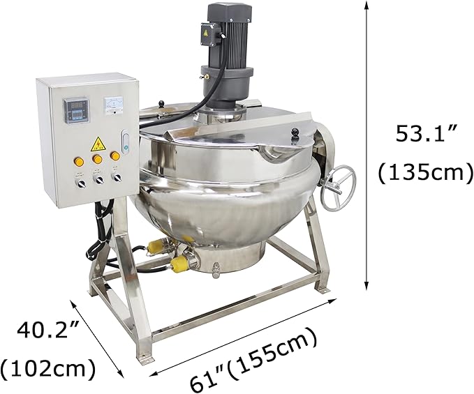 52Gal Commercial Jacketed Kettle with Stirrer Stainless Steel Tilting Stirring Jacketed Kettle for Food Processing Electric Heating 220V 60HZ 3-Phase 1.5KW