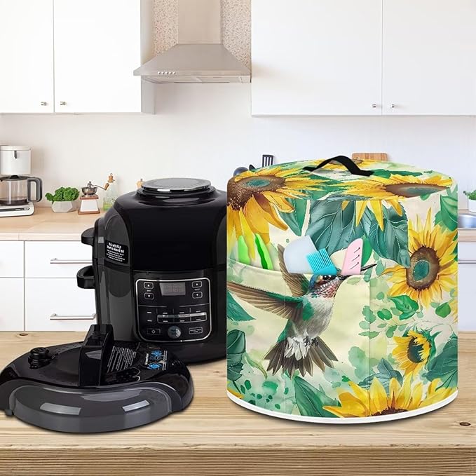 TODIYADDU Green Hummingbird Air Fryer Cover for 3 Quart Instant Sunflower Kitchen Appliance Dust Cover with Handle and Pocket Lightweight Round Protective Cover for Rice Cooker Coffee Maker