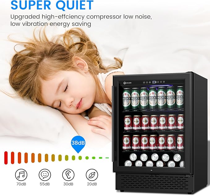 24 Inch Black Beverage Refrigerator Under Counter,190 Cans Beverage Fridge with Glass Door&Lock, Built-in/Freestanding Beverage Cooler for Home Bedroom Bar or Office, Low Noise Compressor