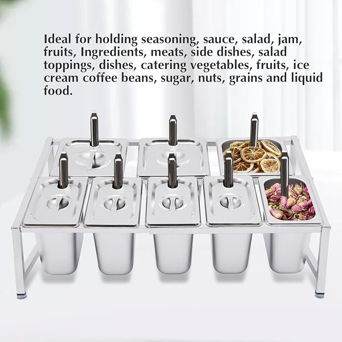 20"Pizza Topping Station with 8 Pans& Lids, Stainless Steel Food Pans Condiment Dispenser Food Container Countertop Spice Rack Organizer Holder for Seasoning Sauce Salad Jam Fruits Ingredients