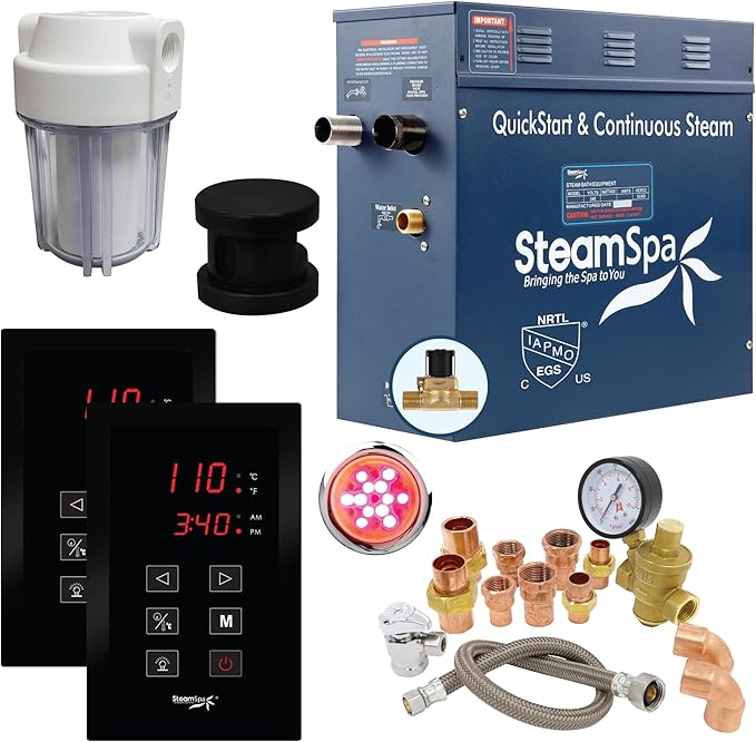 SteamSpa Executive 9 KW QuickStart ACU-Steam Bath Generator Package with Built-in Auto Drain and Install Kit in Matte Black | Steam Generator Kit with Dual Control Panel Steamhead 240V | EXT900MB-A