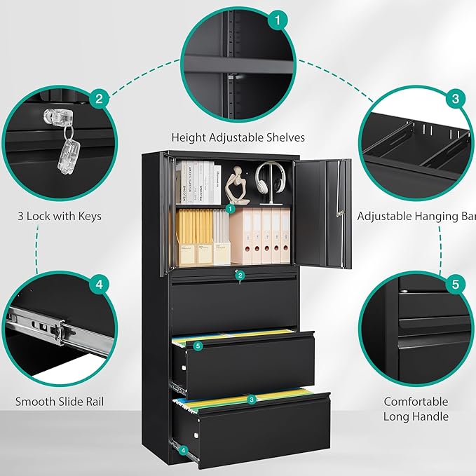 SISESOL 3 Drawer Lateral File Cabinet with Lock and Shelf,Black Metal Filling Cabinet with Drawers and Shelf, Locking File Storage Cabinets with Doors and Shelves for Home,Office,Garage,School