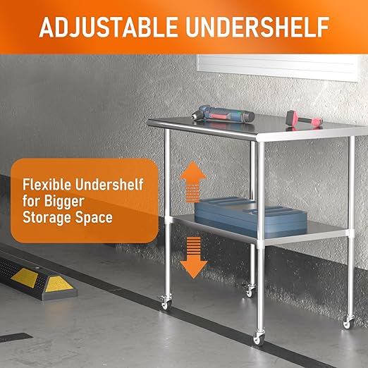 Stainless Steel Table with Wheels 24" x 36" Utility Worktable with Adjustable Undershelf for Commercial Kitchen, Garage, Restaurant