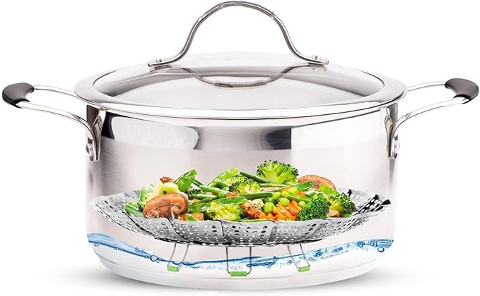 Consevisen Vegetable Steamer Basket for Cooking Food, Stainless Steel Veggie Steam Basket for Pot, Folding Expandable Steaming Insert with Extendable Handle Fits Various Size Pot, 7.1" to 11"