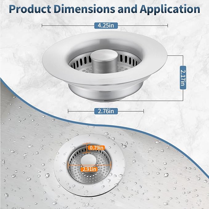 Sink Drain Strainer,Stainless Steel 3-in-1 Pop-up Sink Stopper with Sealing Ring, Anti-Clog & Odor-Proof Drain Filter, Fits 3-1/2 Inch Sink Drain Holes, Easy Installation-2pc