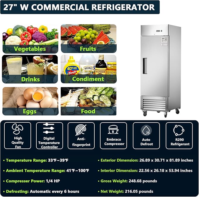 27" Commercial Refrigerator,Single Solid Door Stainless Steel Reach-in Refrigerator 18.68 Cu.ft. Upright Fan Cooling for Restaurant, Bar, Shop, Home, Garage, Business, Kitchen, ETL & DOE