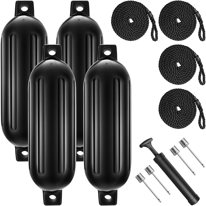 Boat Fenders 6.5 x 23 Inch Twin Eyes Ribbed Boat Fenders Bumpers Pack of 4 with Lines and Pump to Inflate for Docking (Black)