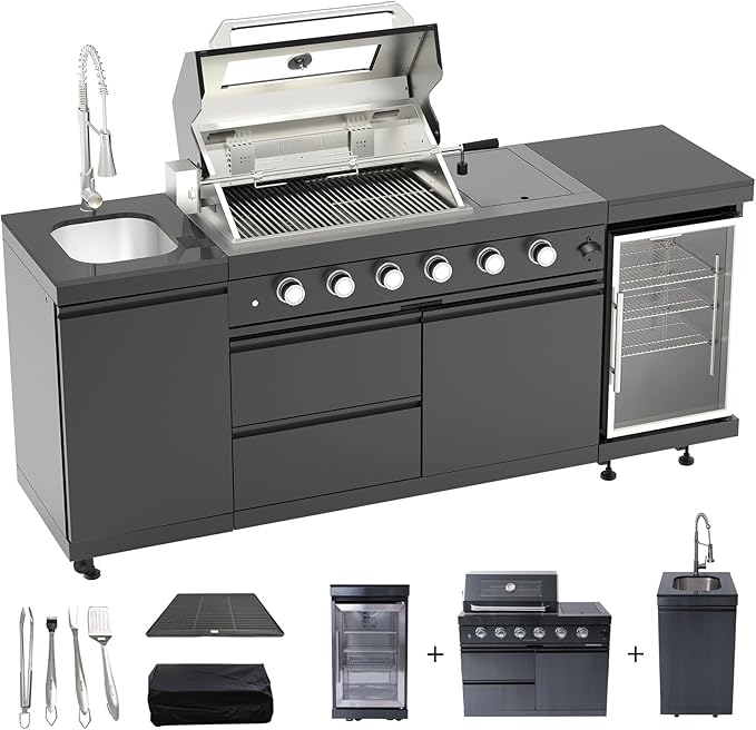 Outdoor Kitchen Island, 84.6 Inch 72000 BTU Gas Grill Combination With Refrigerator and Sink, Outdoor Stainless Steel Barbecue Bar, Propane Grill, for Patios, Gardens, Parties