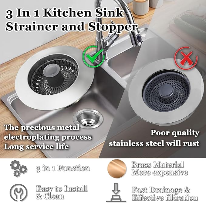 3 in 1 Kitchen Sink Stopper, Pop Up Kitchen Sink Drain Strainer, with an Extra Basket Strainer, Kitchen Sink Drain Stopper for US Standard 3-1/2 Inch, Brass Material Electroplate Silver