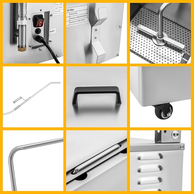 Mobile Oil Filter, 370W 55L/14.5Gal Deep Fryer Oil Filtration System Cart, Frying Oil 1.8ft² Filter Area, 10L(2.64Gal)/min Stainless Steel Oil Filter Machine w/ Pump & 360° Wheels, 33.46*16.54*14.17in