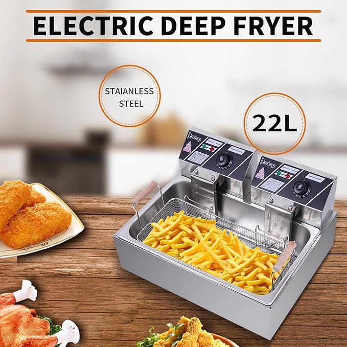 23.3QT/22L Commercial Deep Fryer with Basket and Lid, 5000W Electric Fryer, Countertop Oil Fryer for French Fries, Onion Rings, Donuts, Temperature Adjustable 140-392℉, Stainless Steel Single Tank