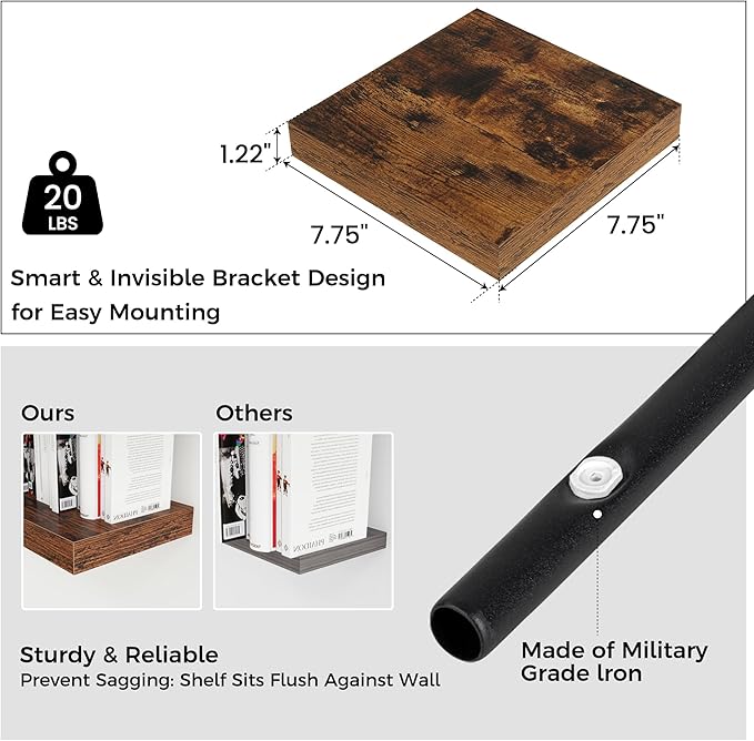 Square Floating Shelves for Wall 8"W x 8"D x 1.2"H, Engineered Wood Wall Shelves with Invisible Brackets for Living Room Bedroom Bathroom Office Kitchen Storage & Decor, Rustic Brown Finish, Set of 3