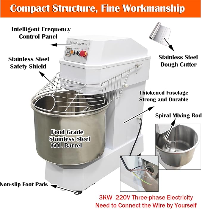 60L Commercial Dough Mixer 220V 3KW Dual Rotating Dough Kneading Machine with Stainless Steel Barrel/Security Cover/Timer Function Electric Stand Spiral Mixer for Restaurant Bakery Pizzeria