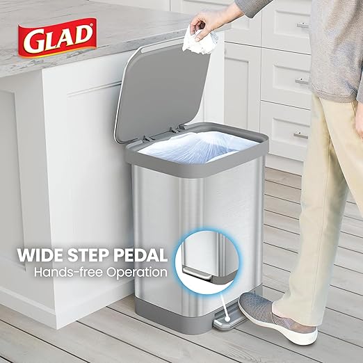 Glad Stainless Steel Step Trash Can, Series 2 with Clorox Protection - Large Metal Kitchen Garbage Bin with Soft Close Lid, Foot Pedal and Waste Bag Roll Holder, 13 Gallon