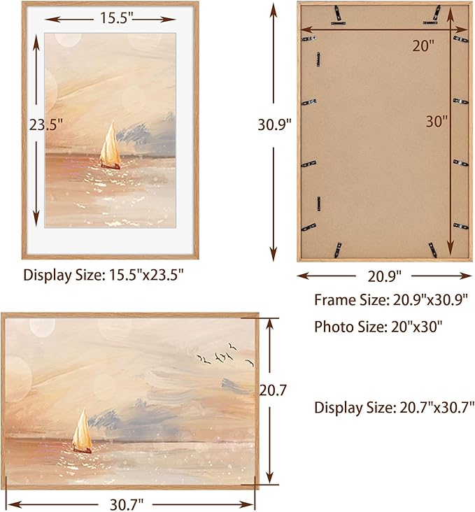 Fun Memories 20x30 Oak Wood Picture Frame, 20"x30" Poster Frame for Wall, 20x30 Picture Frame with Mat for 16x24, 20 x 30 Picture Frames with Real Glass (Beige Oak Color, 2 Pack)