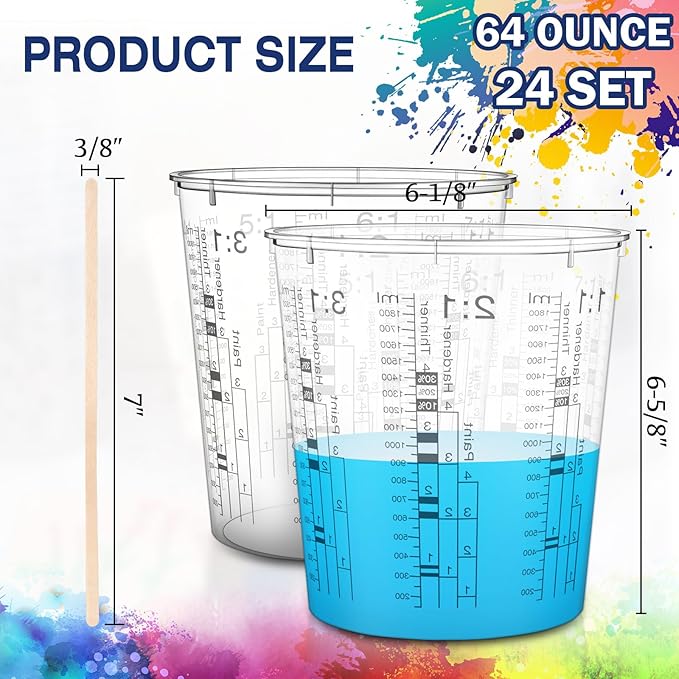 24 Pcs 64 oz 1800 ml Paint Measuring Cups Mixing Cups with Graduated and 20 Pcs Paint Mixing Sticks Plastic Disposable Resin Automotive Epoxy Mixing Cup for Paint Kitchen Cooking Baking