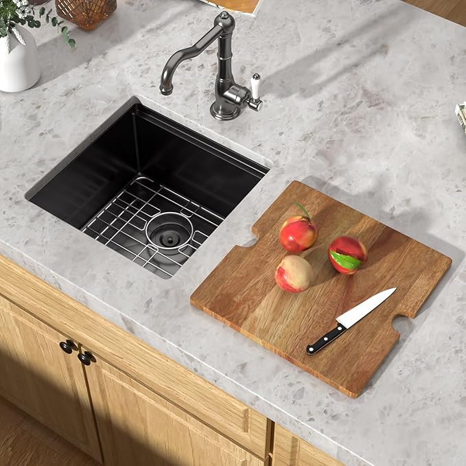 Undermount Bar Sink - 17x17 Inch Workstation Black Bar Sink Stainless Steel Small Wet Prep Sinks 16 Gauge Single Bowl Under Counter Camper Sink with Cutting Board and Assembly #TLU-0019