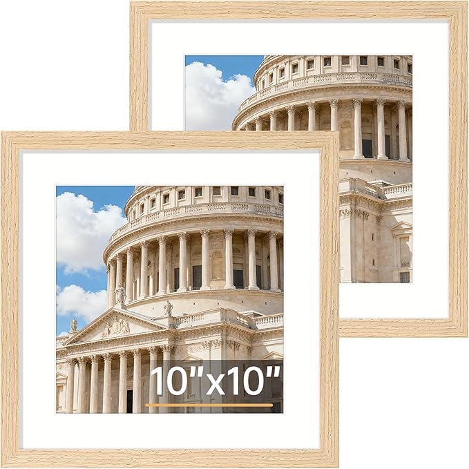 Vittanly 10x10 Picture Frame Set of 2, Solid Wood Frame for Wall or Tabletop, Display Photo 5x5 with Mat or 10x10 without Mat, Natural