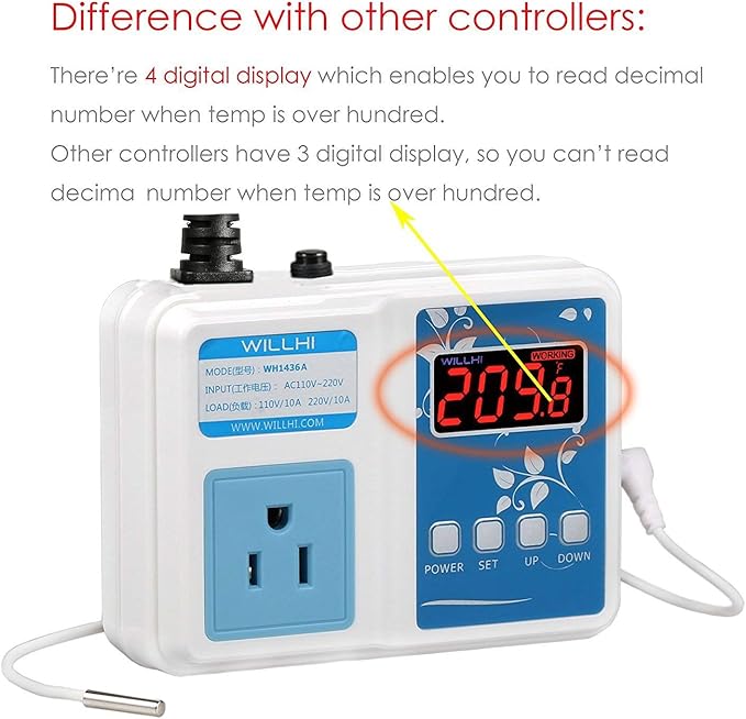 WH1436A 10A Temperature Controller 110V Digital Thermostat Switch Sous Vide Controller NTC 10K Sensor Improved Version