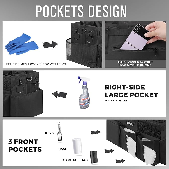 Wearable Cleaning Caddy Bag, Supplies Organizer with Handle & Shoulder Straps for Housekeepers, Under Sink & Car Cleaning Tool Organizer with 4 Foldable Dividers (Black)
