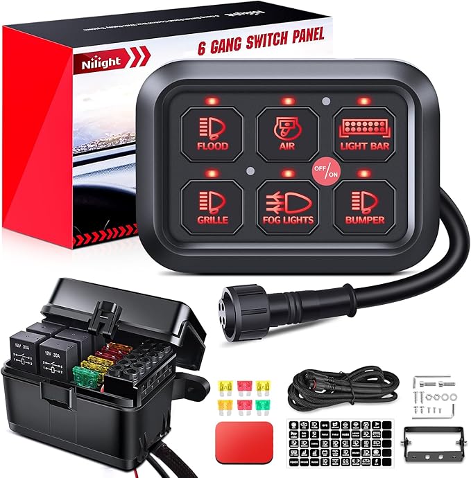 Nilight 6 Gang Switch Panel Universal Circuit Control Relay System with Fuse Wiring Harness Automatic Dimmable ON-Off LED Pod for Cars Trucks Boats ATV UTV SUV