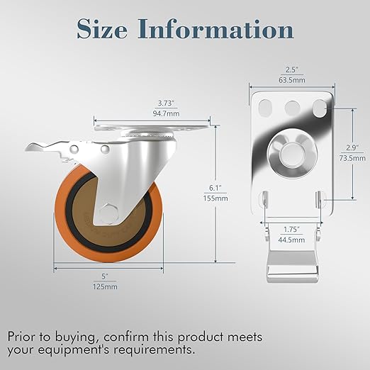 5 Inch 304 Stainless Steel Casters with Brake, Set of 2, Heavy Duty Swivel Wheels for Commercial Kitchen, Food Processing, Hospital, Lab, Utility Carts